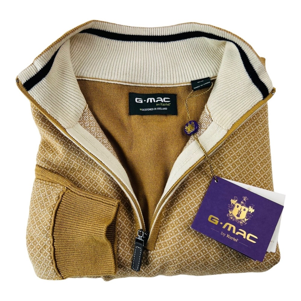 NWT G-MAC by Kartel Lt Brown &‎ White 1/4 Zip Cotton Viscose Cashmere Sweater M
